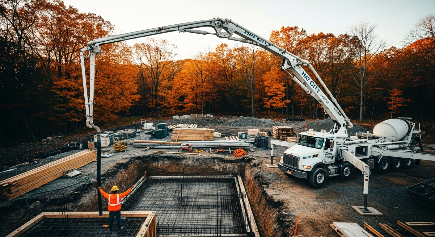 Concrete pump truck pouring foundation at autumn construction site with safety worker directing operation
