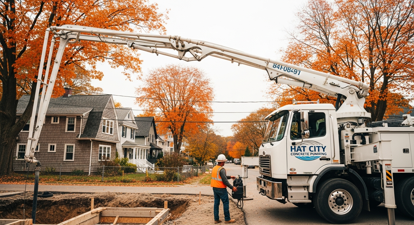 Concrete pumping service truck with boom on residential street with fall foliage