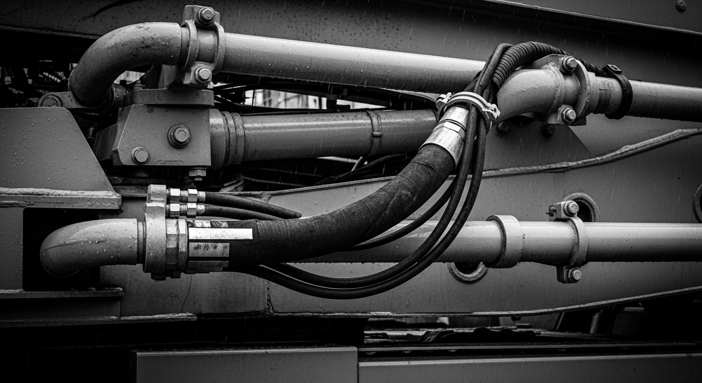 Close-up of industrial hydraulic pipes and metal valves on heavy machinery in black and white