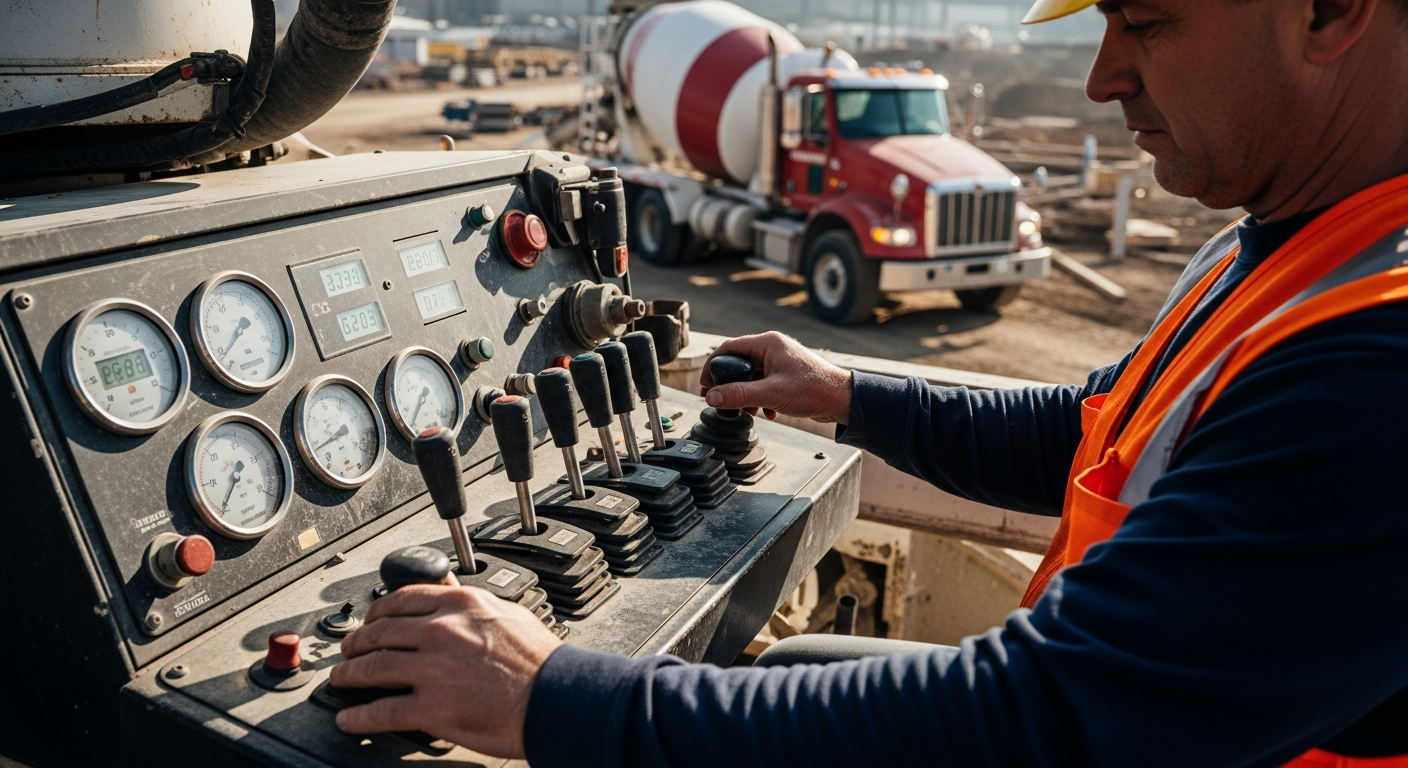 Construction worker operating concrete mixer control panel at active job site with cement truck
