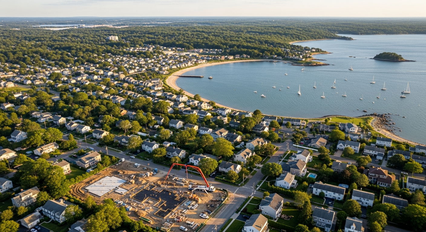 Aerial or wide-angle view of Fairfield County Connecticut showing a mix of suburban neighborhoods, coastline, and rol...