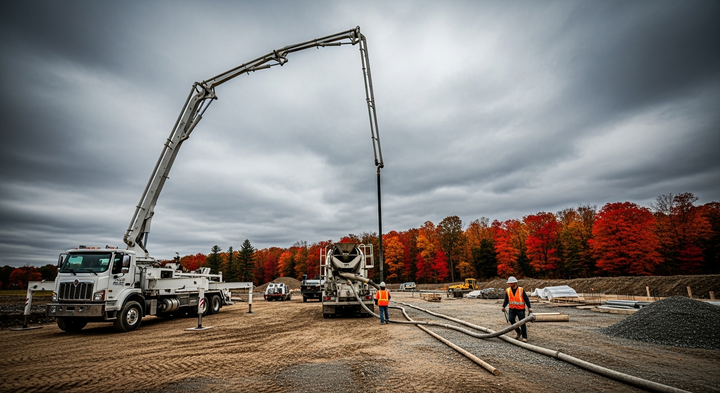 Concrete pump truck pouring concrete at construction site with workers
