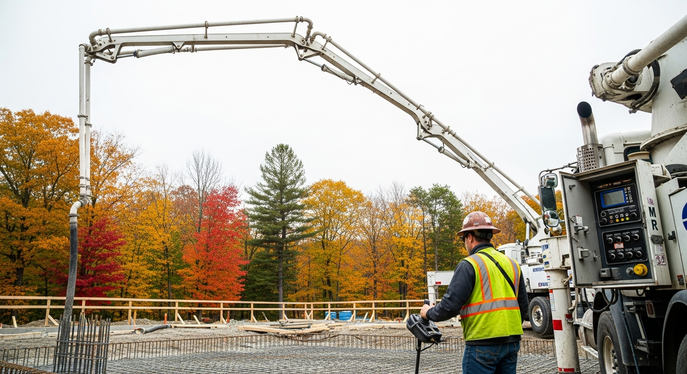 Construction worker operating concrete pump truck at building site in autumn