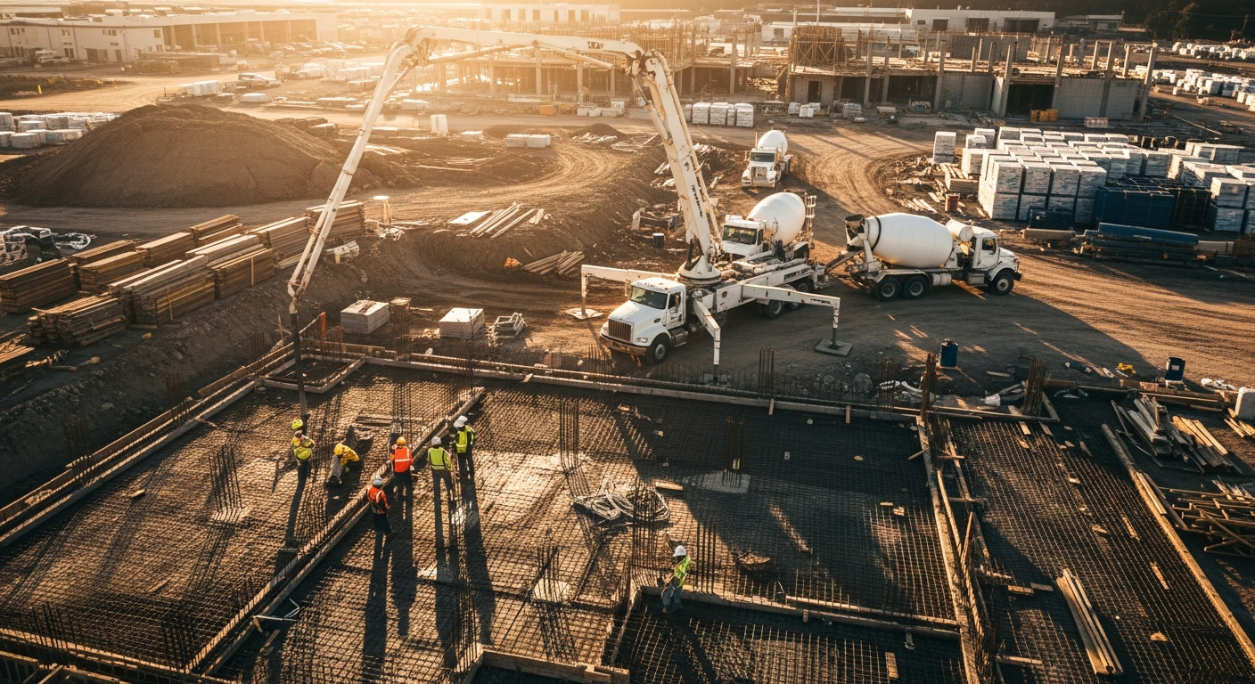 Aerial view of construction site with workers, concrete mixers, and building framework at sunset