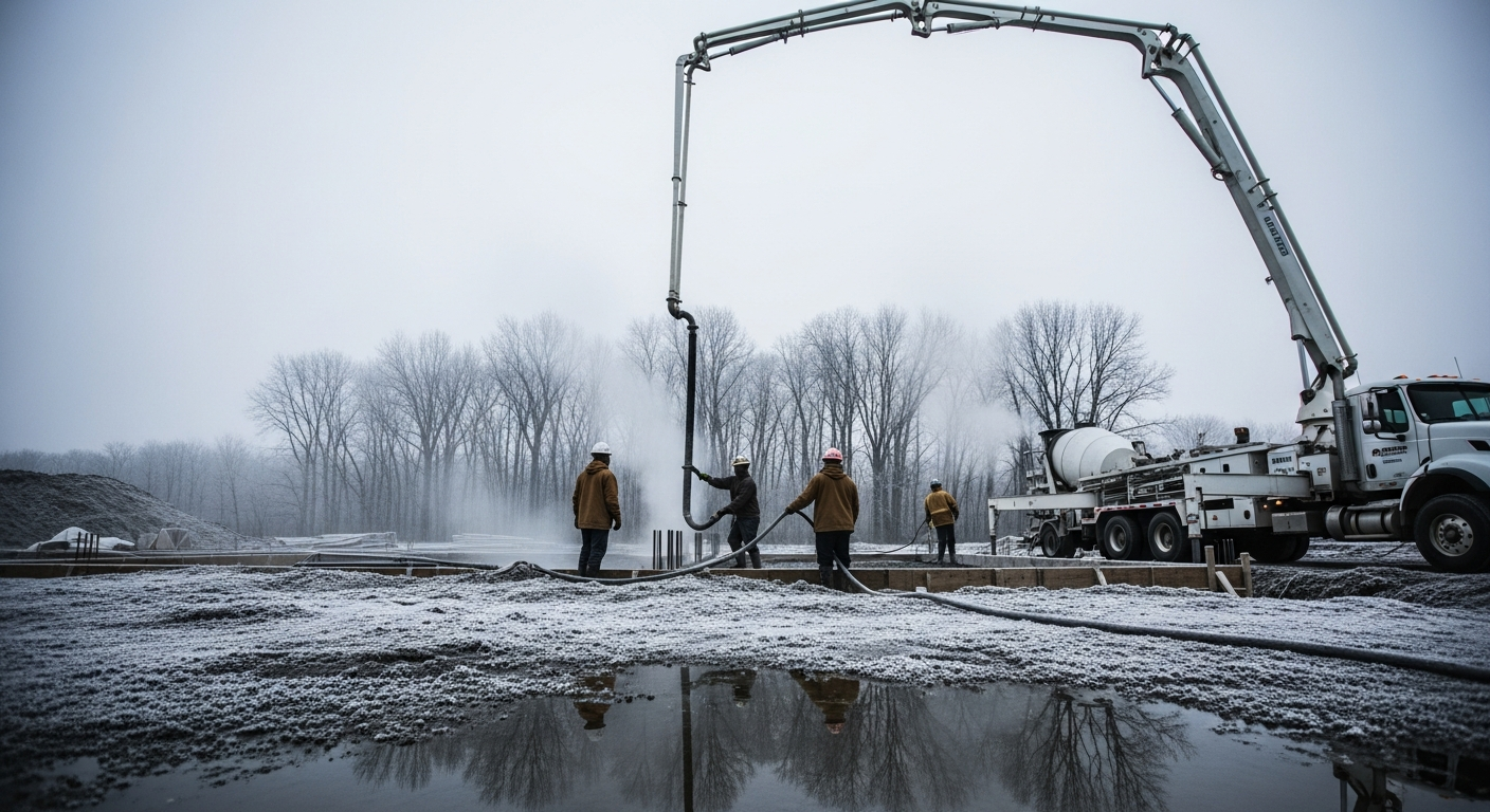 Construction workers operating concrete pump truck at job site with industrial equipment