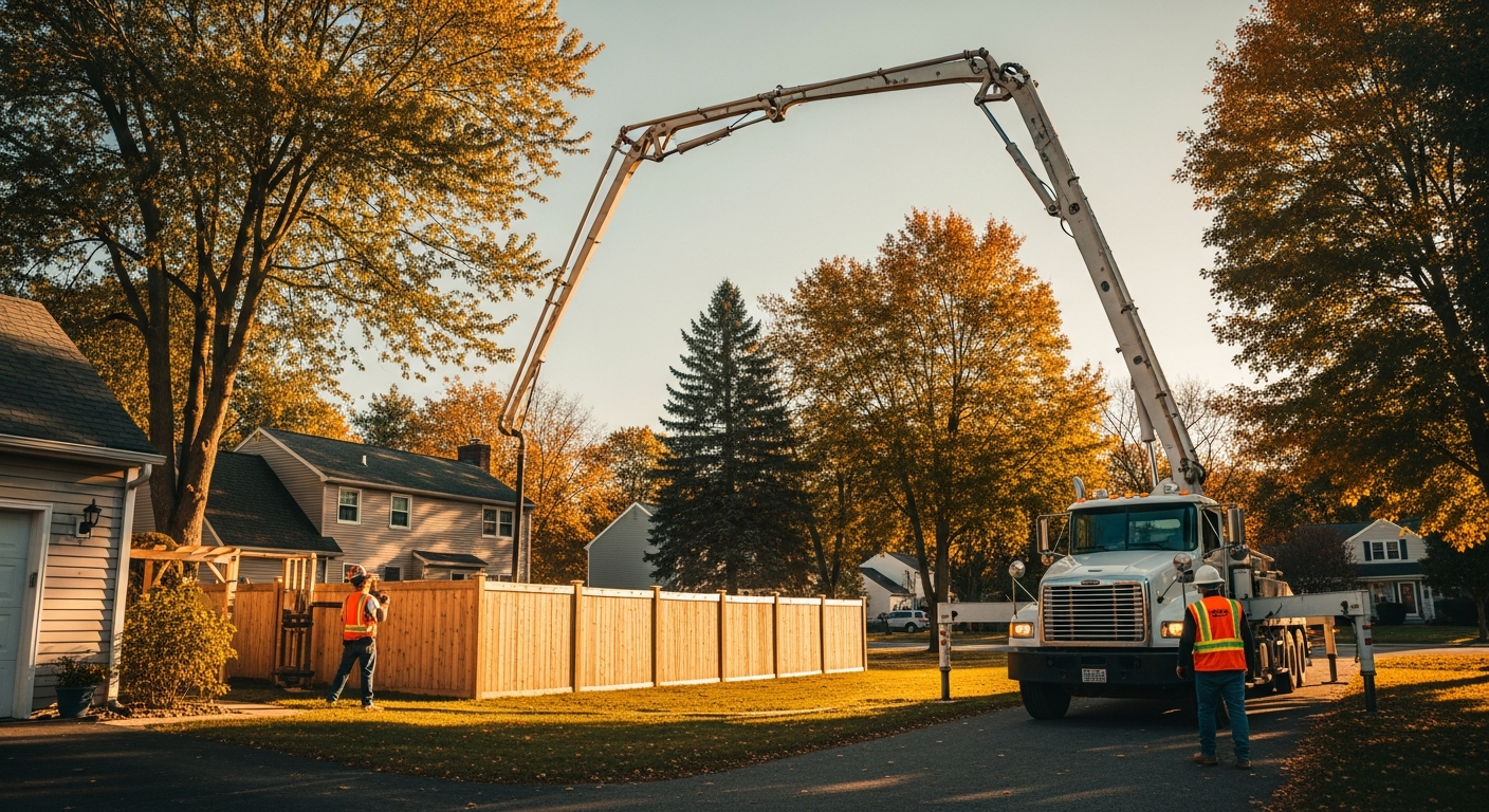 Concrete pump truck pouring foundation for residential fence installation in suburban neighborhood