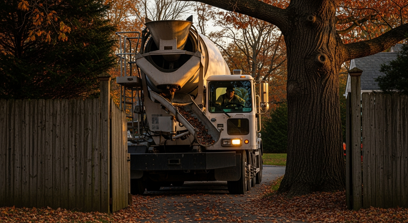 Concrete mixer truck in residential driveway surrounded by autumn trees