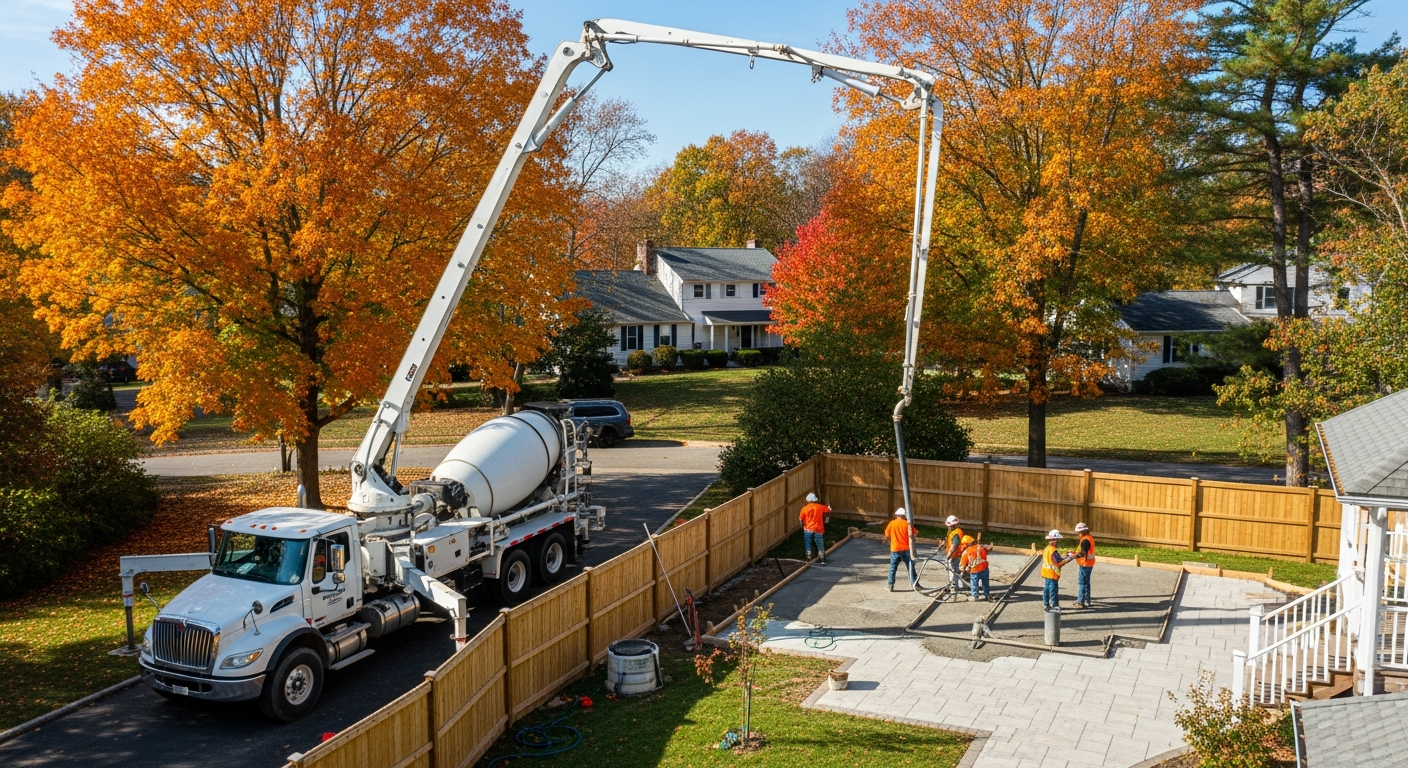Concrete pump truck delivering concrete at residential driveway construction site with workers