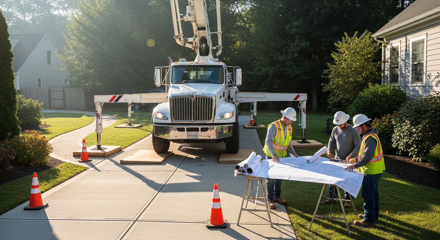 Construction workers reviewing blueprints beside utility truck in residential driveway