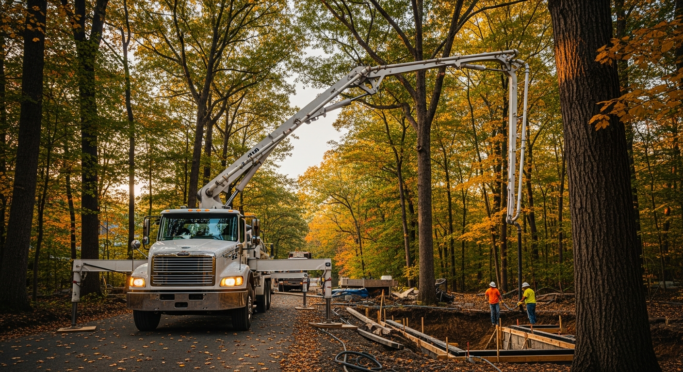Utility truck with boom crane performing tree maintenance in autumn forest with safety workers