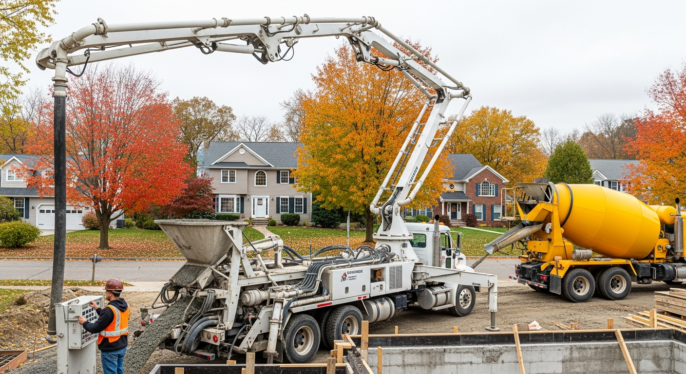 Concrete pump truck pouring concrete at residential construction site during fall