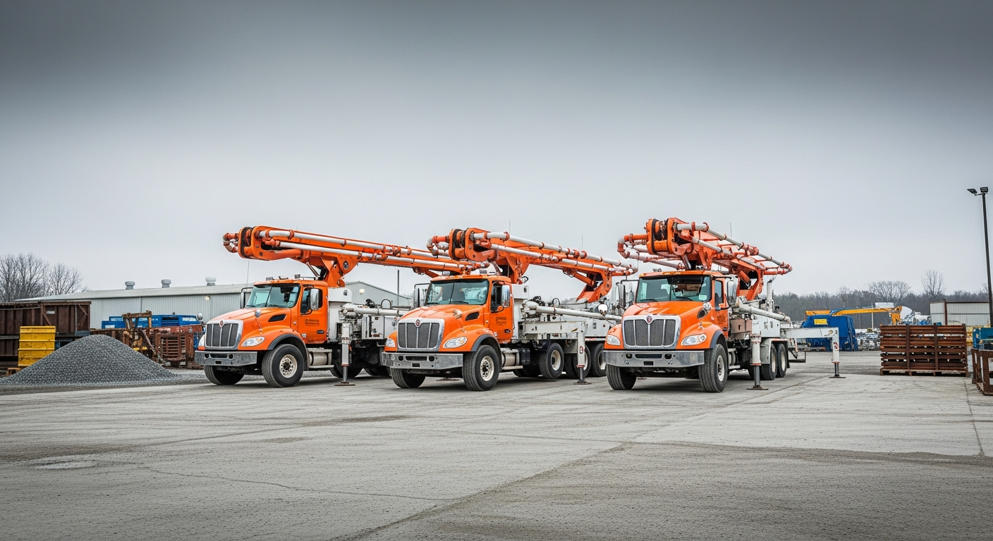 Fleet of three orange concrete pump trucks parked at industrial construction yard