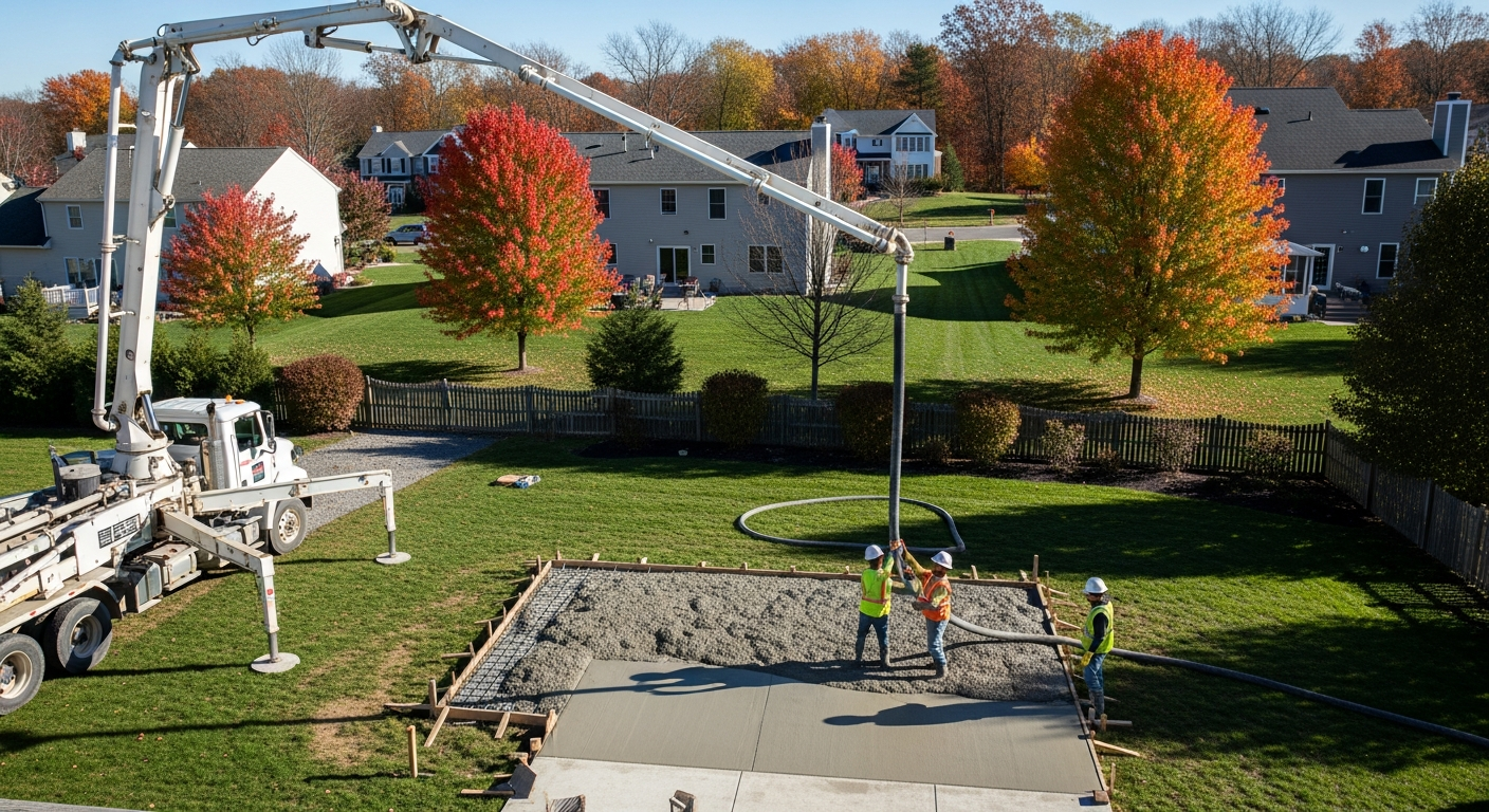 Construction workers pouring concrete driveway in suburban autumn neighborhood with fall trees and homes