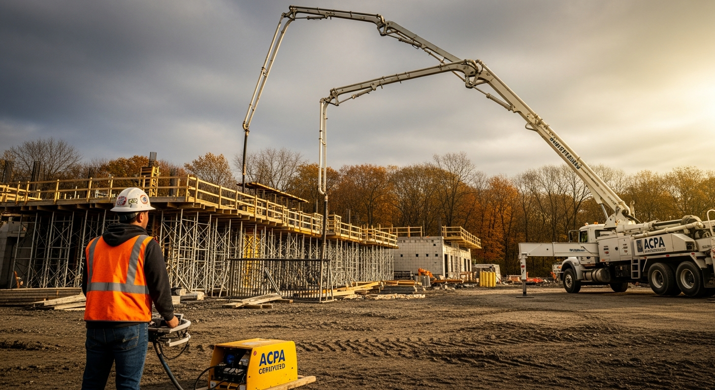 Construction worker operating concrete pump truck at building construction site with steel framework