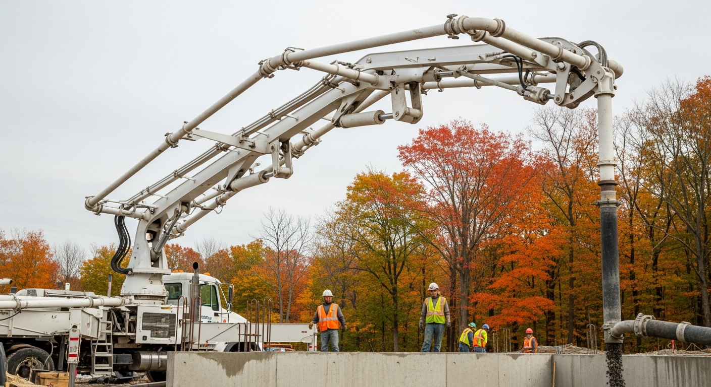 Construction crew operating concrete pump truck at building foundation site