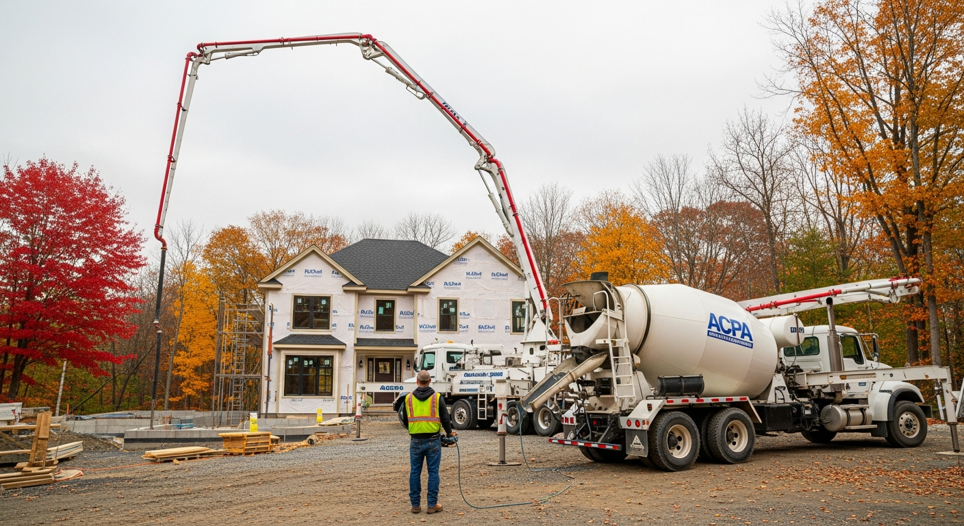 Concrete pump truck pouring concrete at residential construction site with worker in safety gear