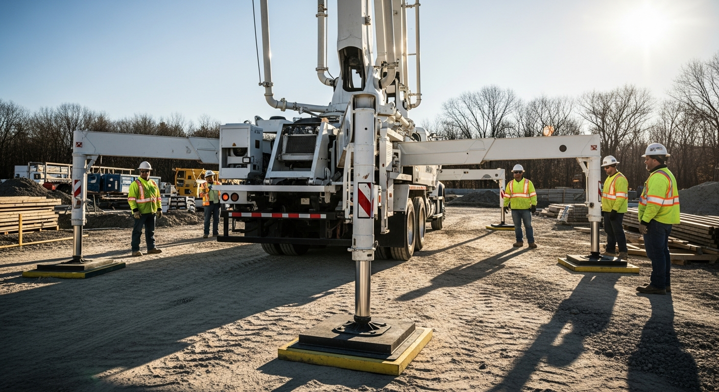 Construction workers monitoring concrete pump truck on job site with extended boom