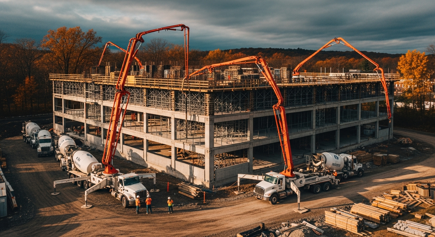 Aerial construction site with concrete pump trucks pouring on multi-story commercial building