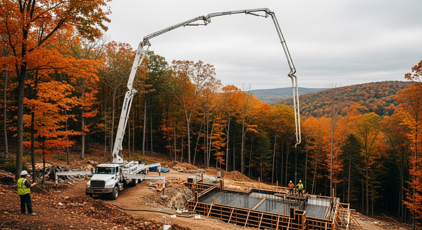 Concrete pump truck pouring foundation at hillside construction site with autumn forest backdrop