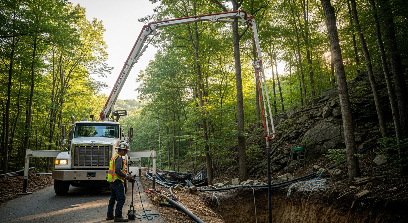 Construction worker operating mobile crane in wooded area with safety equipment