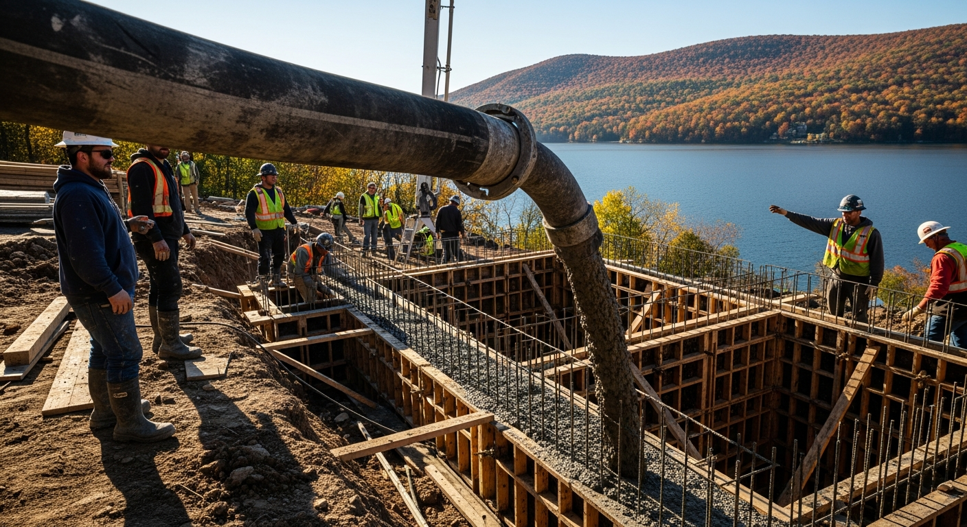 Construction workers manage pipeline installation above scenic lake with autumn foliage
