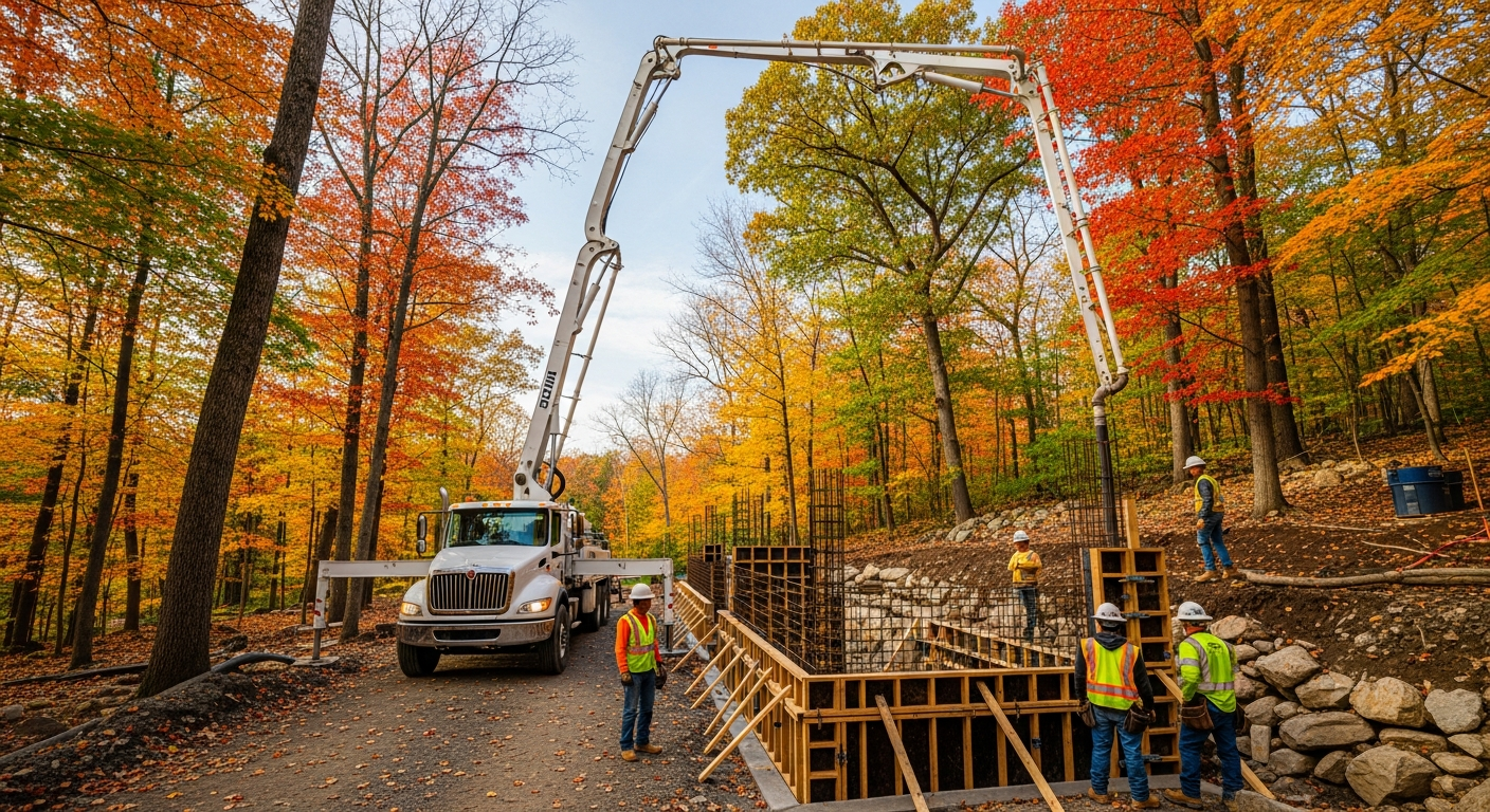 Construction crew operating concrete pump truck in autumn forest for foundation work