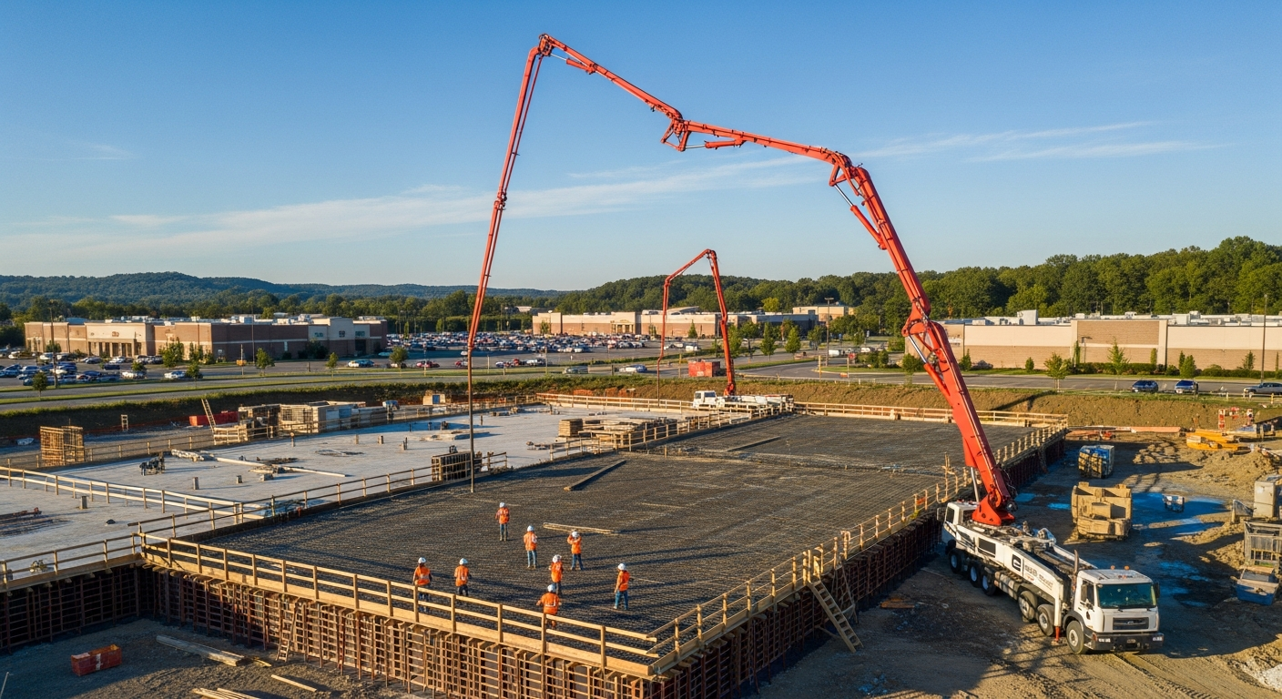 Aerial view of construction site with red concrete pumps pouring foundation pad with workers overseeing operation