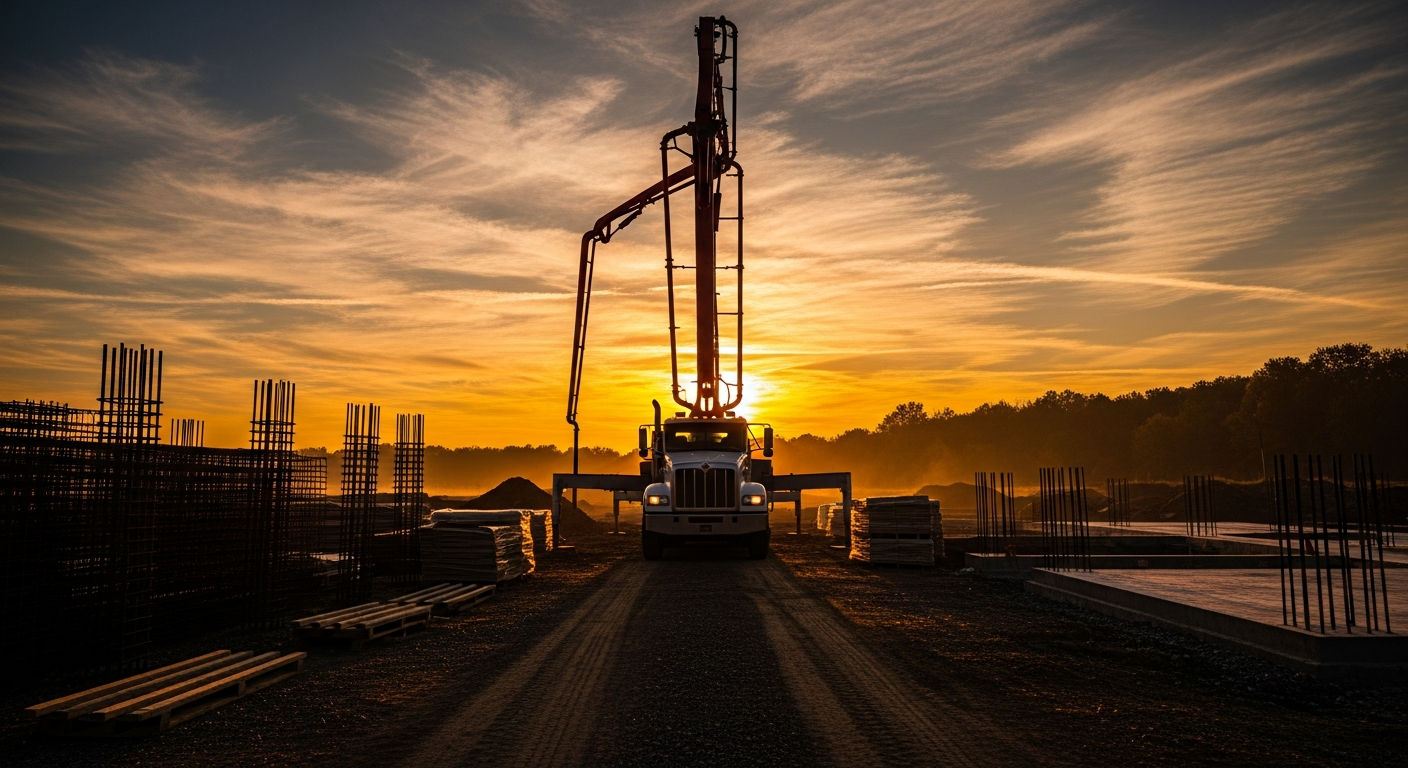 Concrete pump truck pouring at construction site during golden sunset with steel rebar framework