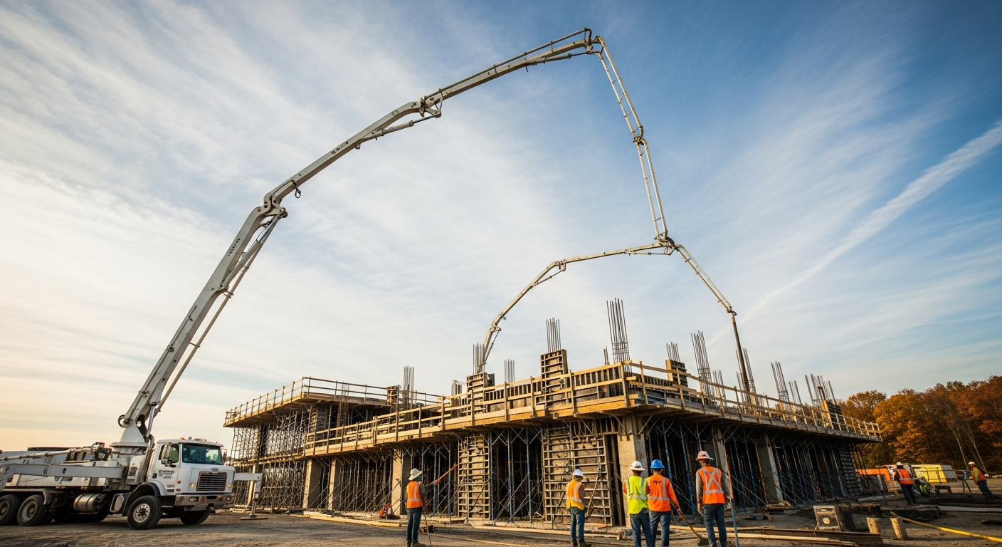 Construction crew operates concrete pump on multi-story building development project