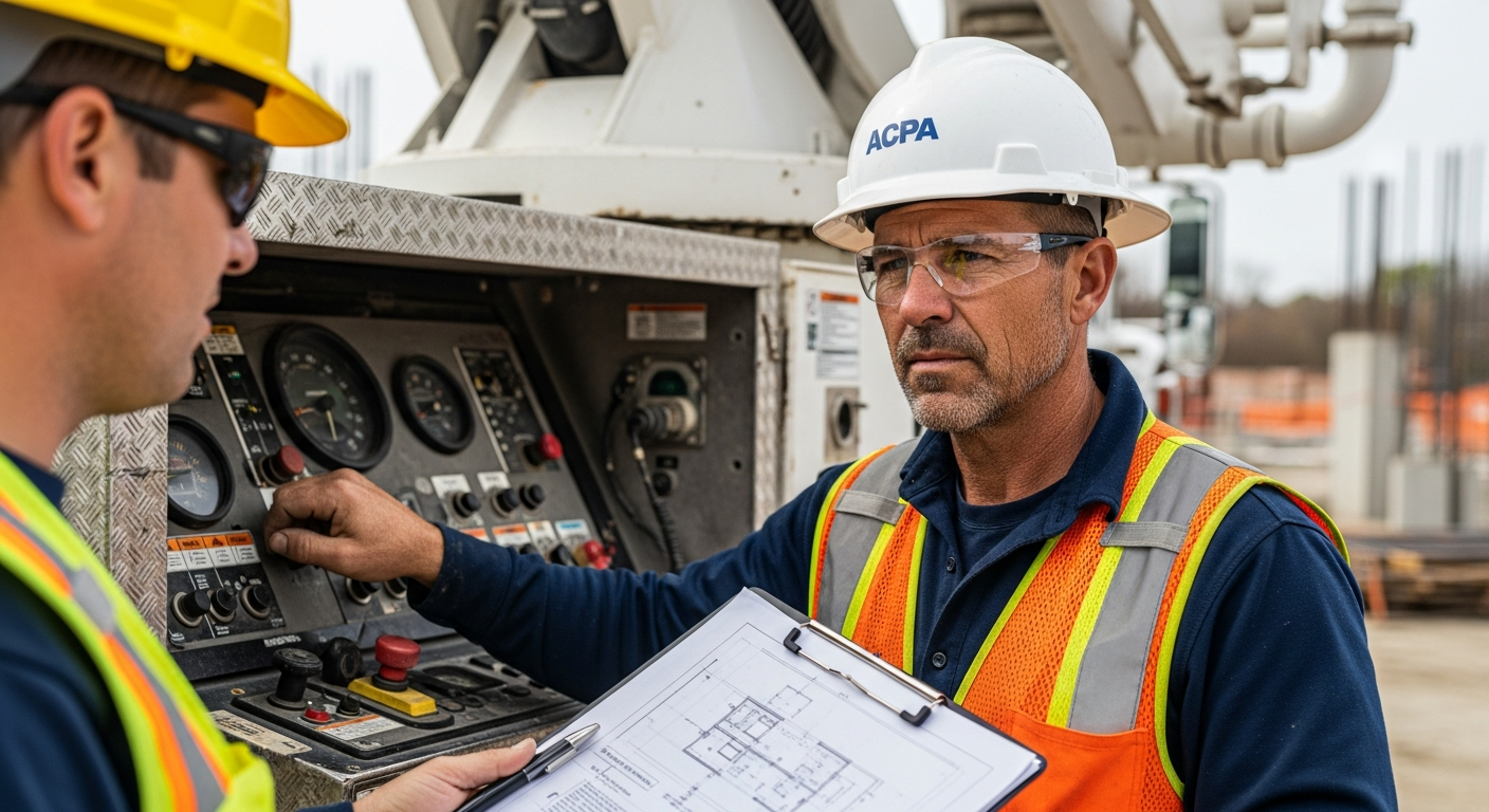 Construction supervisor training apprentice on concrete mixer equipment with blueprints