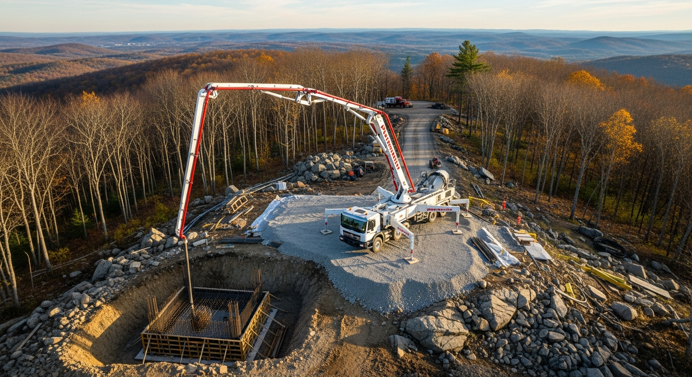 Aerial view of concrete pump truck pouring concrete at hillside construction site