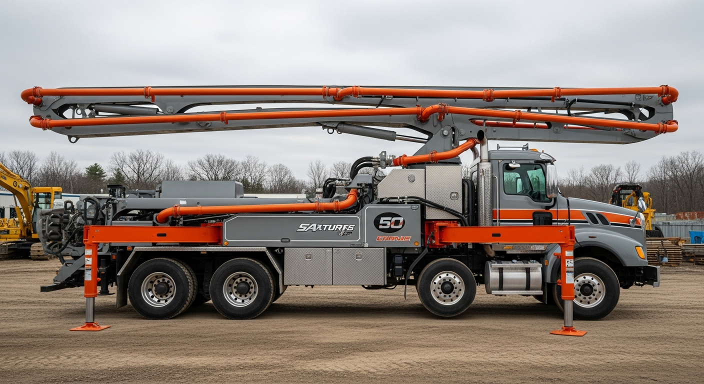 Professional concrete pump truck with extended boom arm in equipment yard