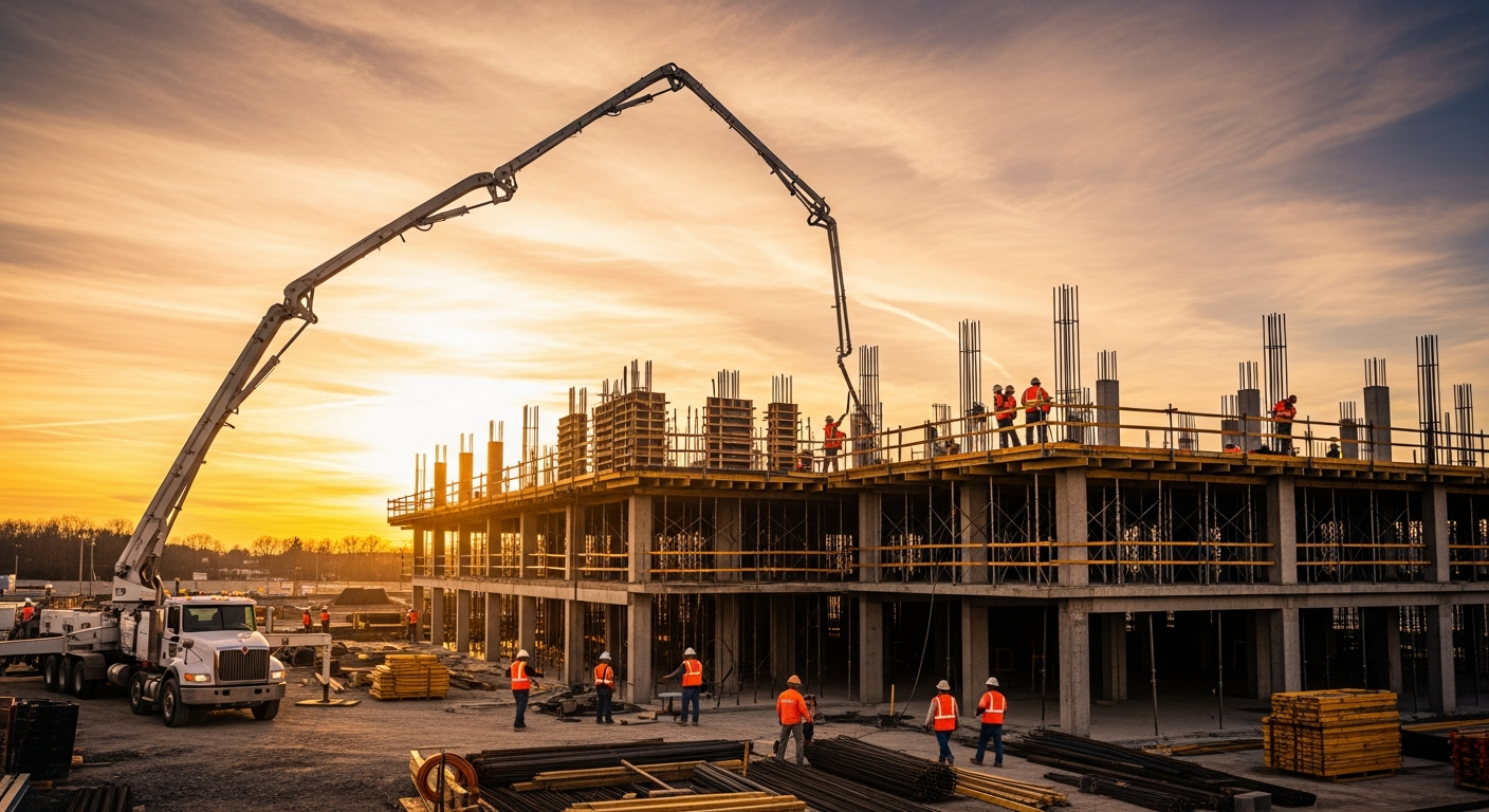 Construction workers pouring concrete at sunset on multi-story building site
