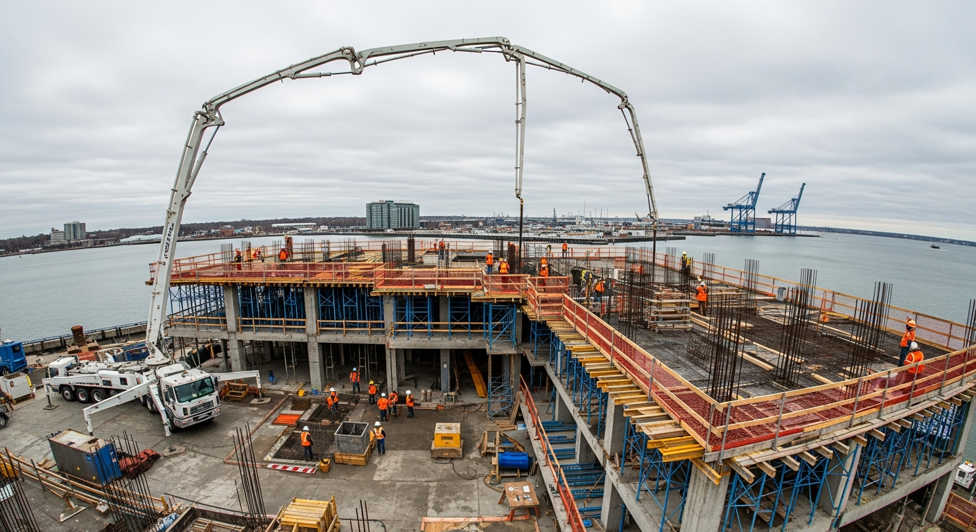 Aerial construction site with workers and concrete pump at busy waterfront port