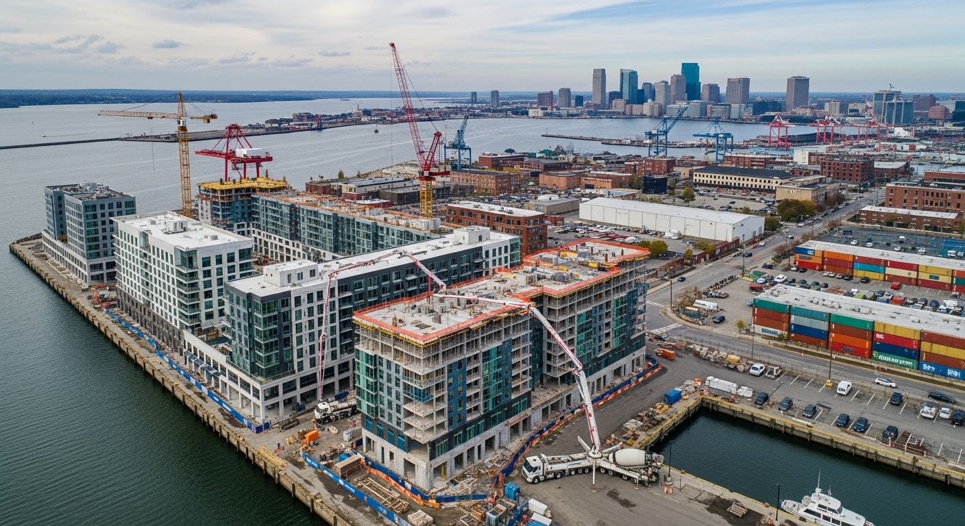 Aerial view of waterfront construction site with cranes and residential buildings overlooking city skyline
