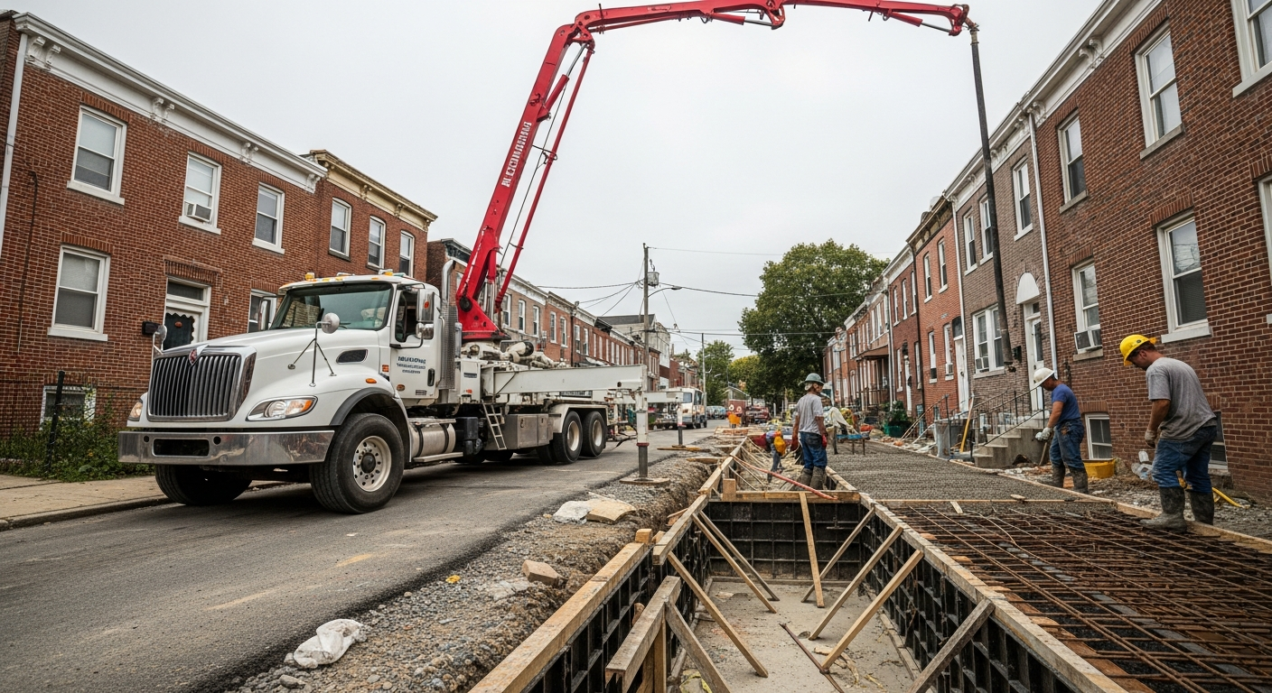 Concrete pump truck pouring at urban street construction site with workers