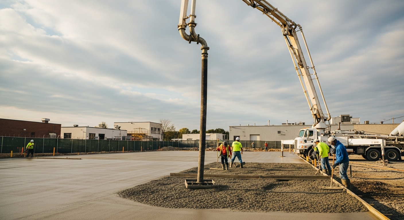 Construction workers operating concrete pump truck at industrial building site