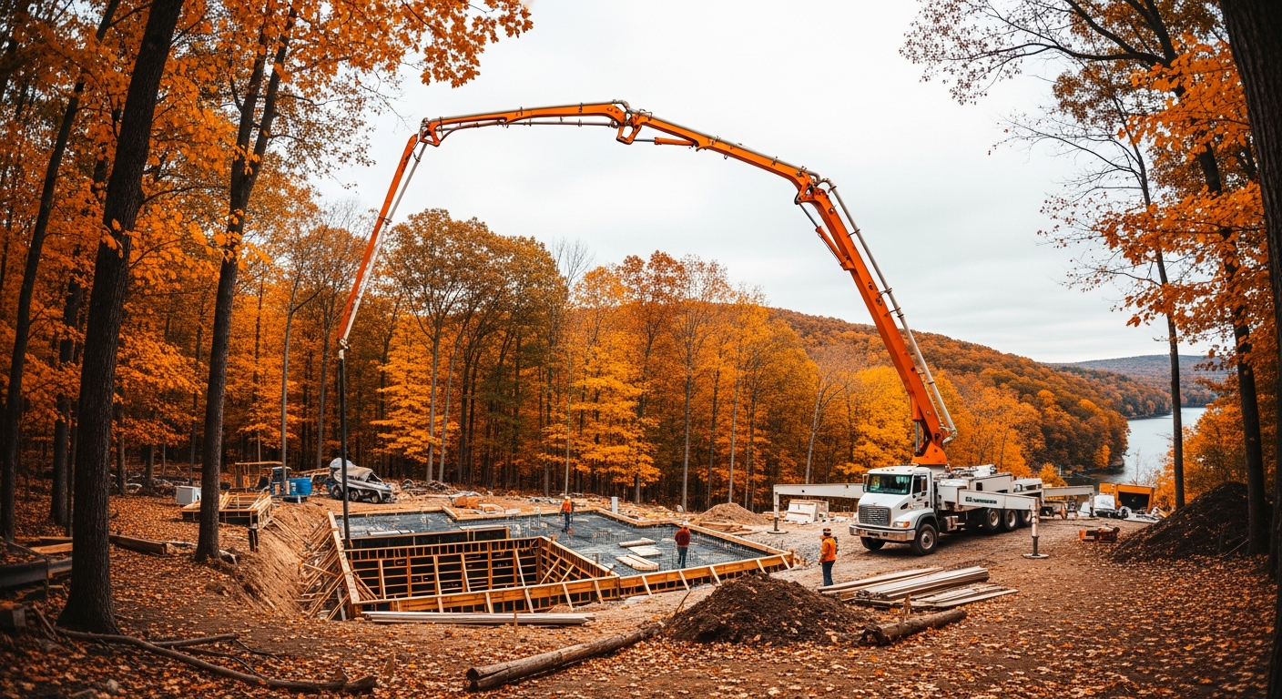Concrete pump truck operating at lakeside construction site during autumn with fall foliage