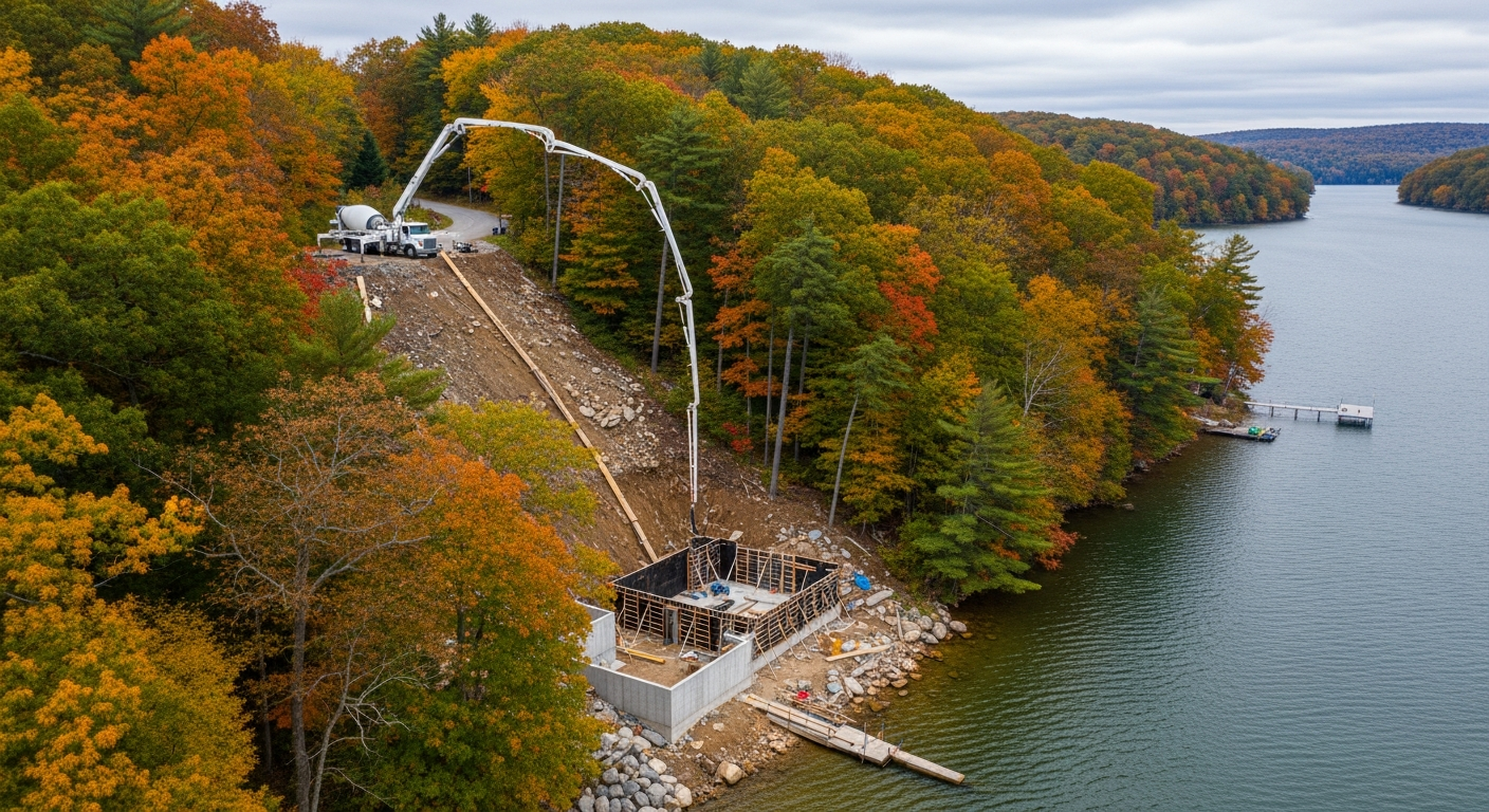 Aerial view of lakeside construction project with autumn foliage surrounding blue water