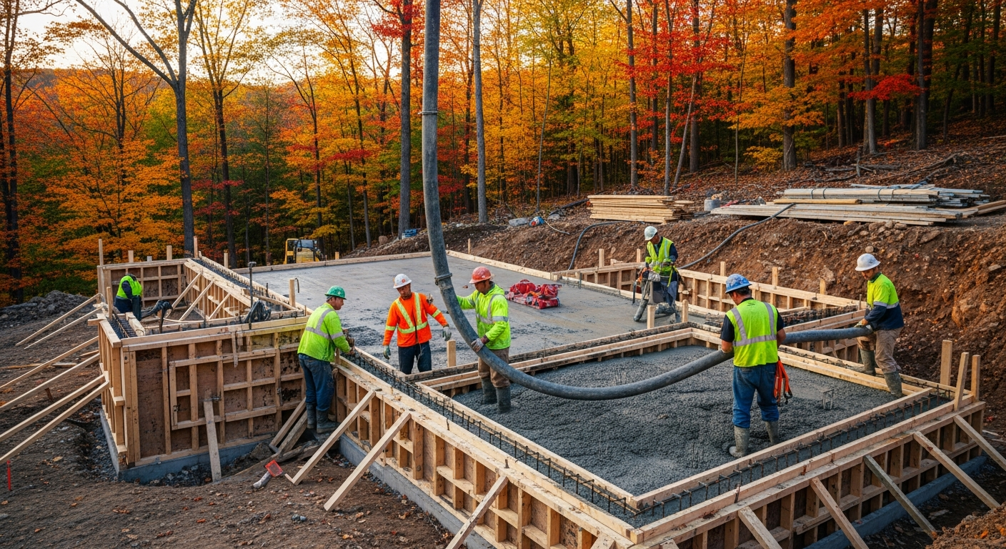 Construction crew pouring concrete foundation with safety vests during fall season