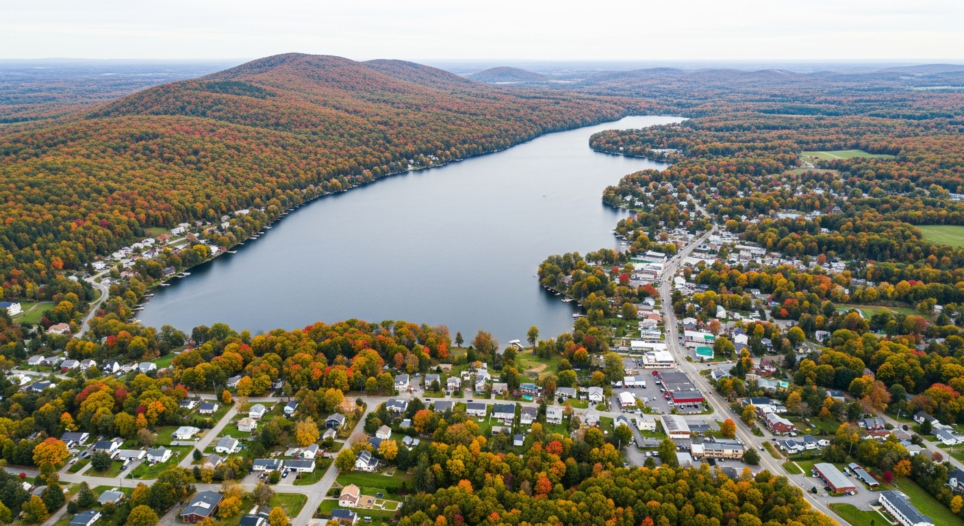 Aerial view of a beautiful lakeside town surrounded by autumn forests and residential neighborhoods