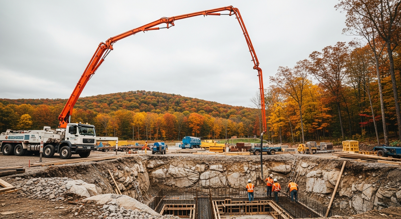 Concrete pump truck with extended boom at construction site with workers and autumn landscape