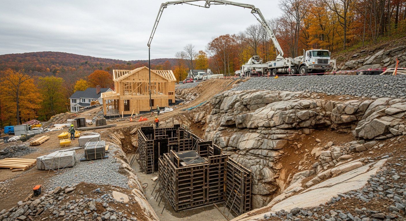 Active residential construction site with concrete foundation and wooden framing in autumn landscape