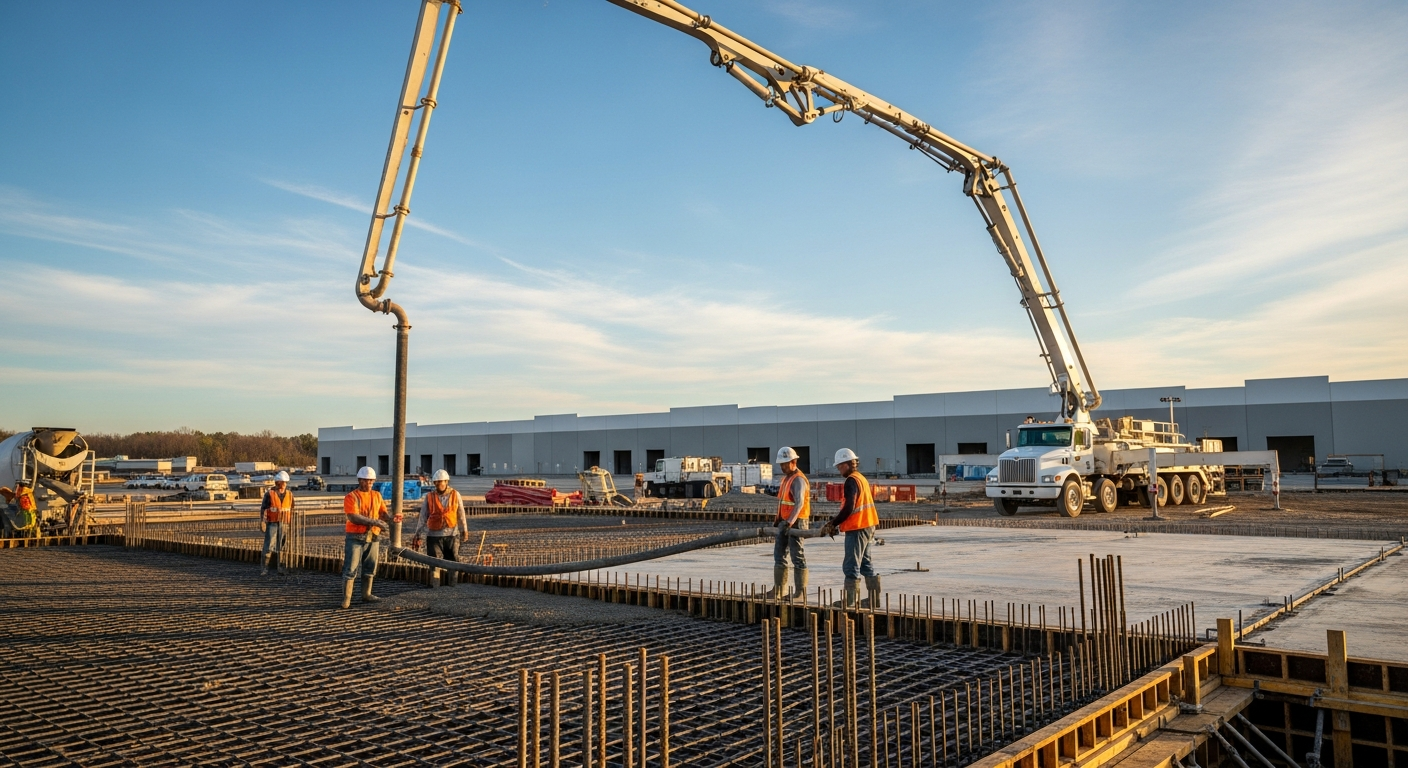 Construction workers pouring concrete at industrial site with pump truck