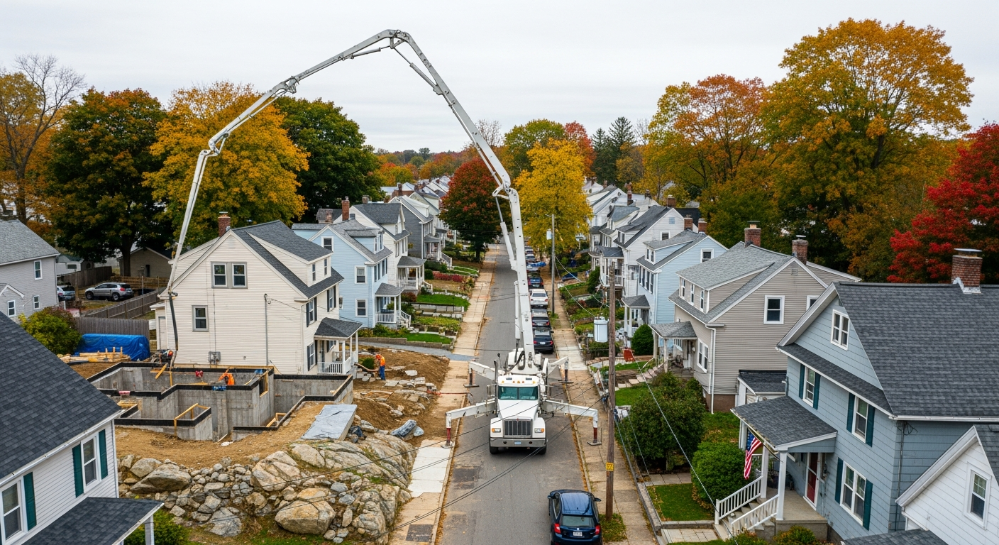 Aerial view of concrete pump truck pouring foundation for new suburban home construction in fall
