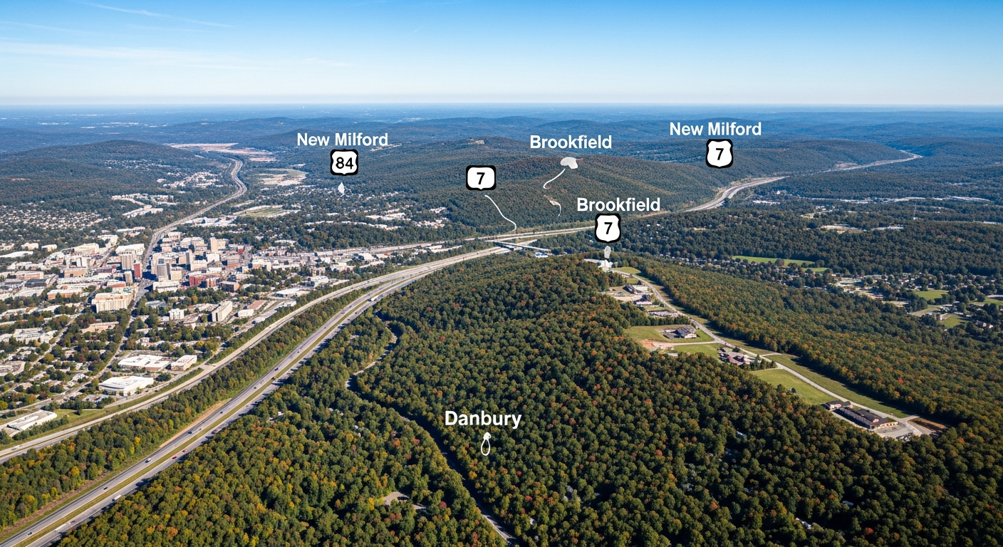 Aerial view of Connecticut region showing New Milford, Brookfield, Danbury with highways and forests