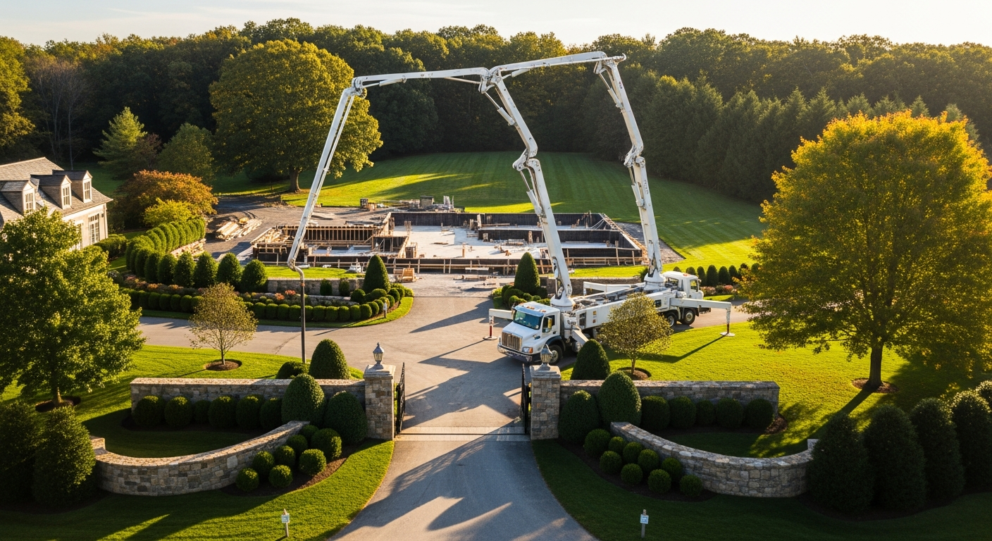 Aerial view of luxury estate construction with white pump truck over pool area