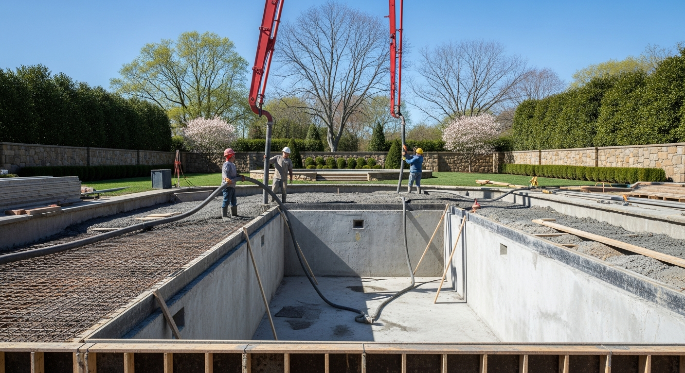Construction workers pouring concrete foundation with red crane at residential building site