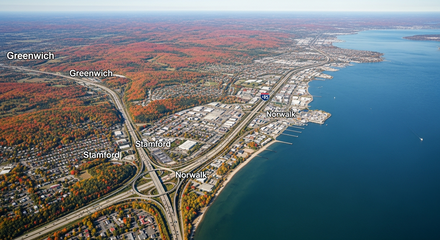 Aerial view of Connecticut coast showing Greenwich, Stamford and Norwalk along Long Island Sound with autumn foliage