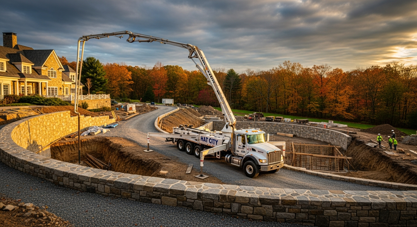 Concrete pump truck pouring foundation at residential construction site with autumn landscape